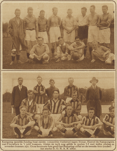870781 Collage van 2 elftalfoto's betreffende de voetbalwedstrijd Kampong-DONAR te Utrecht, die met 1-1 eindigde.
